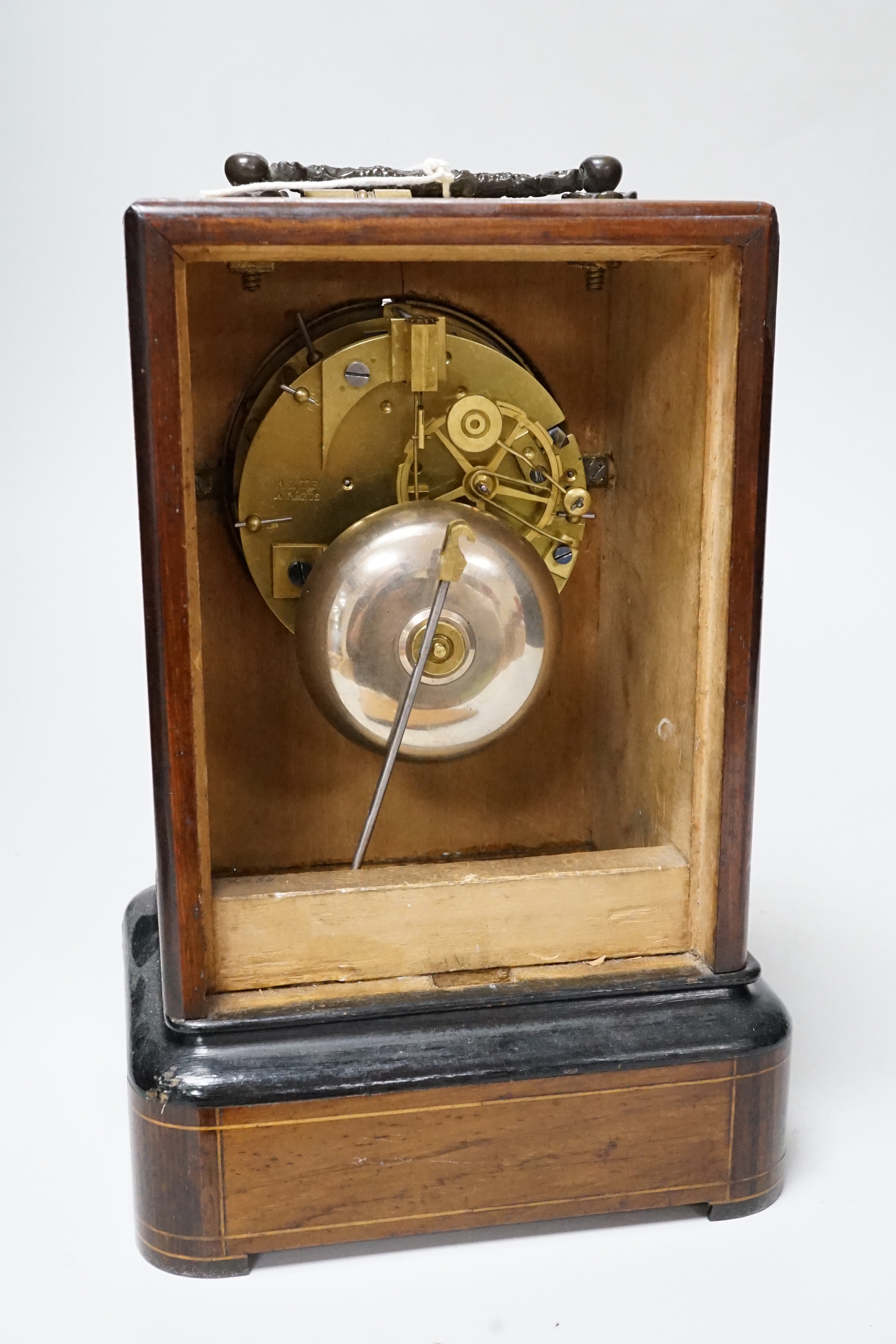 A 19th century French rosewood and marquetry mantel clock, 23cm tall